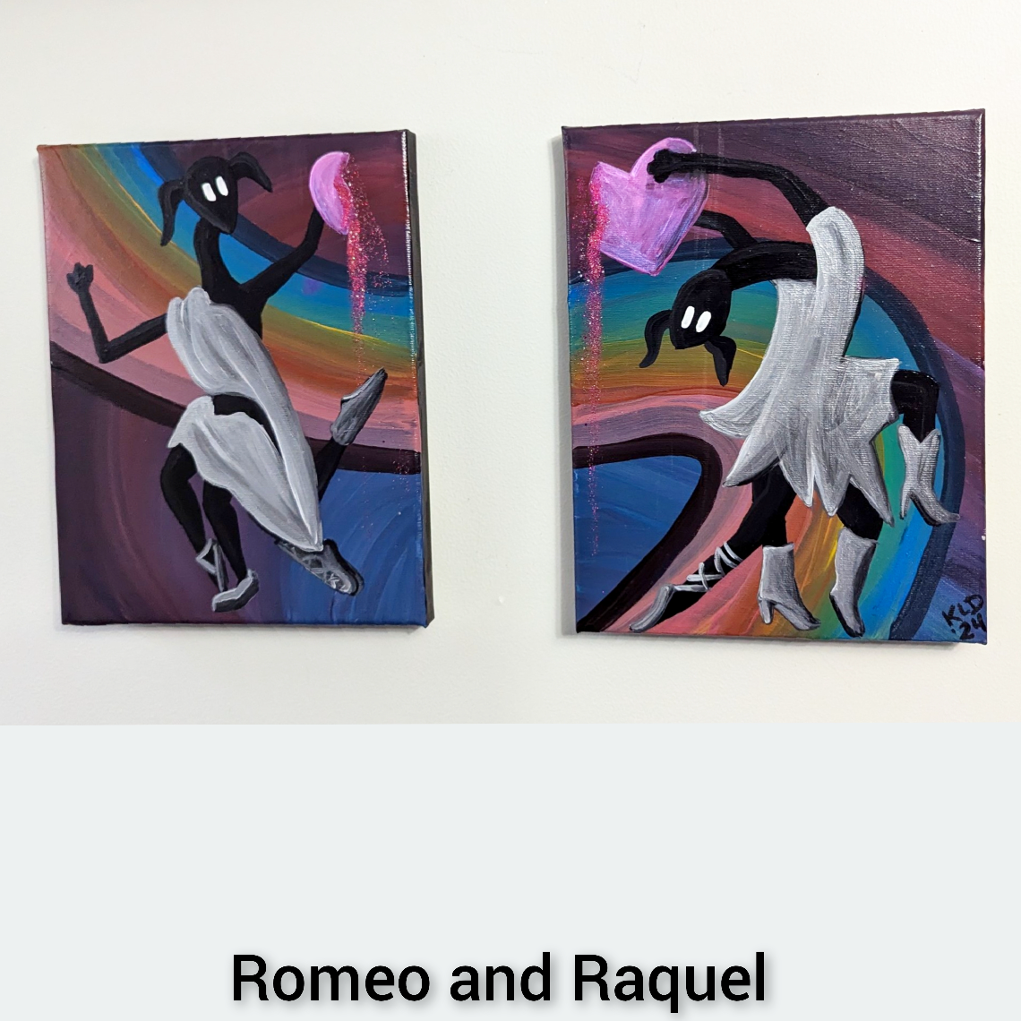 Two paintings 8x10 stretch canvas Romeo and Raquel two half’s of one heart with glitter accents on a white background.